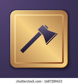 Purple Firefighter axe icon isolated on purple background. Fire axe. Gold square button. Vector Illustration