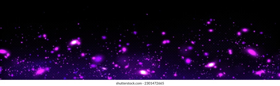 Purple firefly light with fairy dust. Magic glow isolated vector effect. Night bokeh glowworm sparkle texture isolated on dark transparent background. Beautiful flare overlay with glitter particle