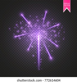 Purple Firework lights effect with glowing stars in sky isolated on transparent background. Vector white festive party rocket burst or salute show for your design. eps 10
