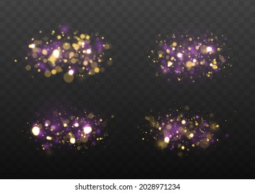 Explosión de fuegos artificiales púrpuras vector de polvo. Fondo luminoso morado festivo y dorado con luces doradas y coloridas. Colorido efecto bokeh azul. Patrón abstracto de Navidad.