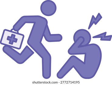 Purple First Aid Icon. Vector Icon. Doctor with a Medical Case Running to a Sick Person. Emergency Aid for a Victim. Emergency Situation Concept