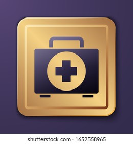 Purple First aid kit icon isolated on purple background. Medical box with cross. Medical equipment for emergency. Healthcare concept. Gold square button. Vector Illustration