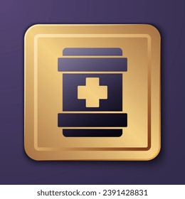 Purple First aid kit icon isolated on purple background. Medical box with cross. Medical equipment for emergency. Healthcare concept. Gold square button. Vector