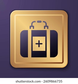 Purple First aid kit icon isolated on purple background. Medical box with cross. Medical equipment for emergency. Healthcare concept. Gold square button. Vector