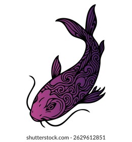 A purple fish with a black eye and a pink tail. The fish is drawn in a style that is reminiscent of Japanese art