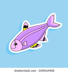 Purple fish. Cute character. Colorful vector illustration. Cartoon style. Isolated on white background. Design element. Template for your design, books, stickers, cards, posters, clothes.