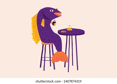 Purple fish with yellow fins drinks coffee and eats cupcake