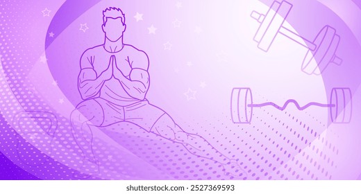 Fondo temático de fitness púrpura. Ilustración colorida de una persona con las manos juntas, que parece estar meditando o descansando, sobre un fondo con símbolos deportivos.