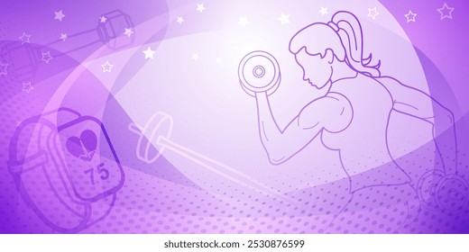 Fondo temático de fitness púrpura. Ilustración estilizada y colorida con una mujer levantando pesas, lo que sugiere que hace ejercicio durante muchos años.