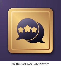 Icono de la revisión de la calificación de producto de Purple Five stars aislado en fondo morado. Favorito, mejor calificación, símbolo de premio. Botón cuadrado de oro. Vector