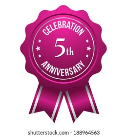 Purple five year anniversary badge with ribbon on white background