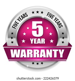 Purple five year warranty badge with metallic border and ribbon