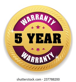 Purple five year warranty button with gold border on white background