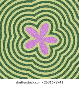 Purple five-petal flower set against vibrant green concentric ripples. Vector illustration with bold retro style.