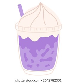 Purple fizzy soda with creamy whipped topping and lavender straw in plastic cup. Sweet and vibrant float. Stock vector illustration in cartoon flat style. Isolated on white.
