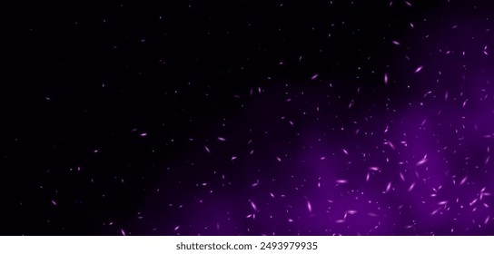 Purple flame with sparks, fire with flying cinder, abstract glowing embers, heat sparkles, bokeh fire texture. Vector illustration.