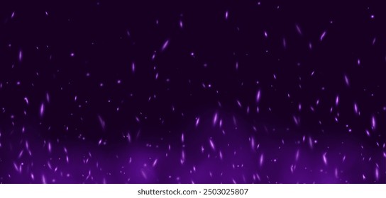 Purple flame with sparks, fire with flying cinder, abstract glowing embers, heat sparkles, bokeh fire texture. Vector illustration.