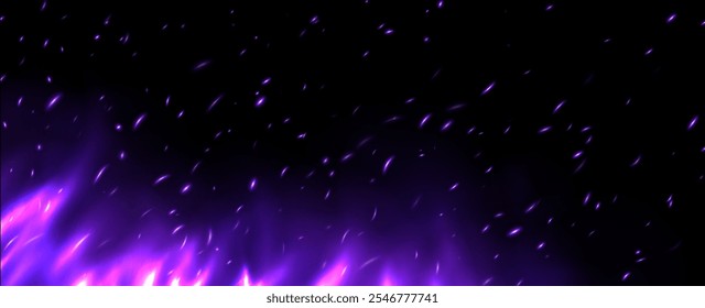 Purple flame with sparks, fire with flying cinder, abstract glowing embers, heat sparkles, bokeh fire texture. Vector illustration.