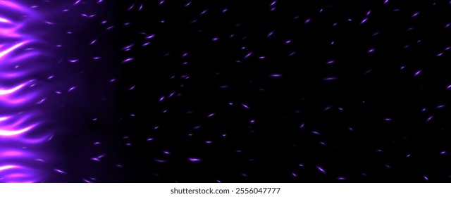 Purple flame with sparks, fire with flying cinder, abstract glowing embers, heat sparkles.