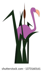 A purple flamingo hiding in tall green grass with its eyes closed vector color drawing or illustration 