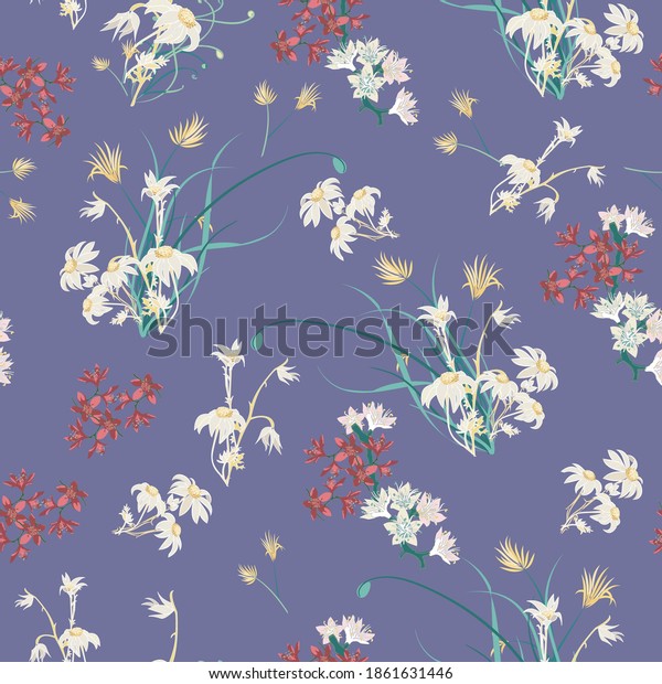 Purple flannel flowers christmas bush seamless\
vector repeat pattern