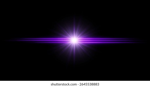 Chama roxa. Brilho horizontal brilhante com feixes de luz radial, centro de alto contraste estourar em fundo escuro, iluminação limpa com bordas afiadas e halo suave.