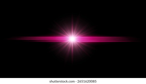 Purple flare. Bright horizontal glow with radial light beams, high contrast center burst on dark background, clean illumination with sharp edges and soft halo.