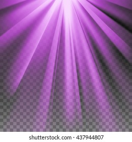 Purple flare rays. Violet vibrant color. Glaring effect with transparency. Abstract glowing light background. Graphic element for documents, templates, posters, flyers. Vector illustration