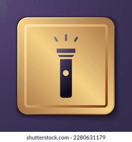 Purple Flashlight icon isolated on purple background. Gold square button. Vector Illustration