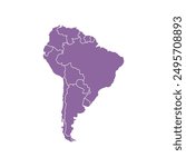 Purple flat South America isolated map on white background. High detailed, with country set. Include Brazil, Peru, Venezuela, Paraguay, Argentina, Colombia, Ecuador, Chile, Uruguay.