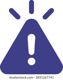 Purple flat vector icon of a warning triangle with exclamation mark and burst lines, representing alert, caution and important notification.