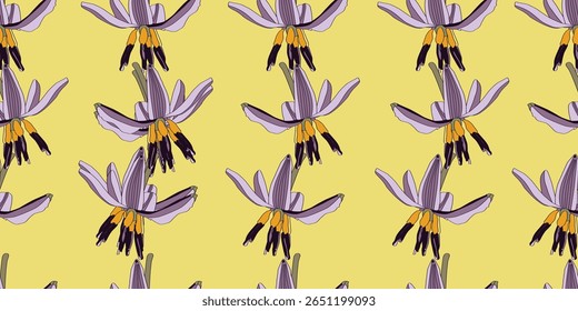 Padrão de flor sem emenda de linho-lírio roxo em fundo amarelo.