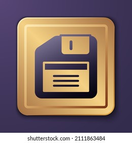 Purple Floppy disk for computer data storage icon isolated on purple background. Diskette sign. Gold square button. Vector