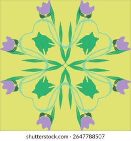 Purple floral accents on a yellow background. Elegant and versatile design ideal for textile print interior decor and gift