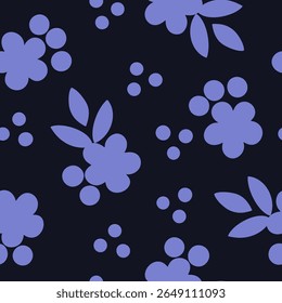 Purple floral and berry silhouette pattern on black background seamless pattern for fabric, textiles, clothing, wallpaper, cover, banner, home decor, florals backgrounds