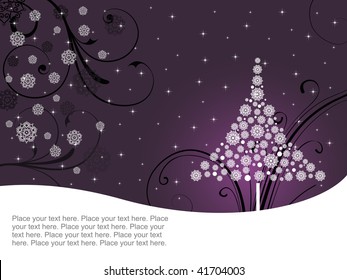 purple floral, blossom background with christmas tree