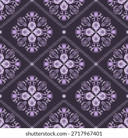 Padrão de damasco floral roxo sem costura. Padrão vintage oriental com ornamento decorativo. Ilustração vetorial. Ideal para impressão em tecido, azulejos e papel ou decoração.