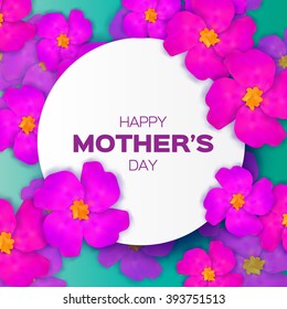 Purple Floral Greeting card - Happy Mothers Day - with Bunch of Spring Fower holiday background. Beautiful bouquet with circle frame. Abstract Trendy Design Template. Vector illustration.