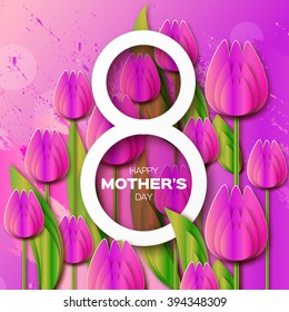 Purple Floral Greeting card - Happy Mothers Day - 8 May- with Bunch of Spring Tulips. Flower holiday background. Beautiful bouquet. Trendy Design Template. Vector illustration.