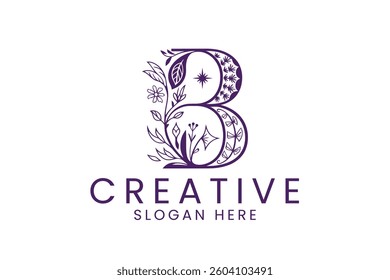 Purple floral letter B logo design perfect for beauty or spa brands. Elegant and modern style.