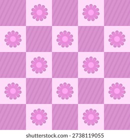 Purple floral pattern with alternating checkered squares and diagonal stripes, featuring pink daisy flowers, cute pastel background for fabric, wallpaper, or wrapping paper design