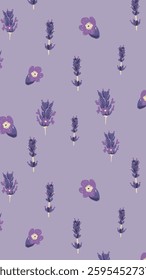 Purple floral pattern with lavender and flowers on a lavender background. Lavender and flowers create a soothing, floral design. Ideal for floral-themed decor. Background vector.