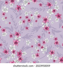 Purple Floral Seamless Pattern Background with Pink Flowers.