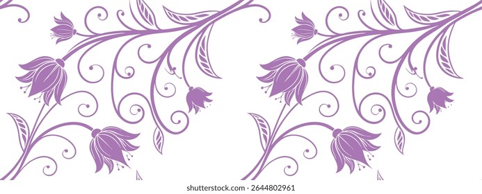 Purple floral seamless pattern with elegant swirl vines and blooming flowers. Ideal for textile, wallpaper, and decorative backgrounds. Soft, ornamental, and stylish vector design.