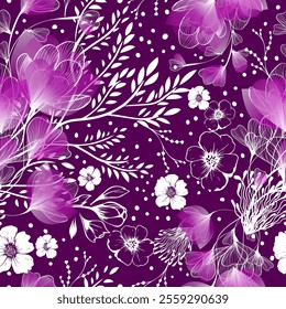 Purple Floral Seamless Pattern. hand drawing. Not AI, Vector illustration.