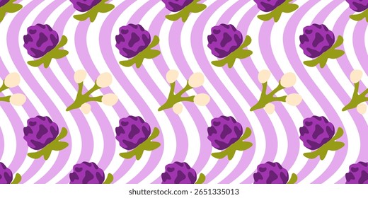 Padrão sem emenda ondulado floral roxo. Estilizado botões de flores roxas e bagas leves em um lavanda ondulado e fundo branco. Padrão floral perfeito em estilo de desenho animado com contraste vibrante.