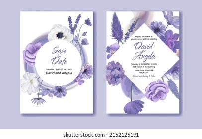 Purple floral wedding invitation card, Save the date card, vector