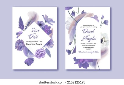 Purple floral wedding invitation card, Save the date card, vector