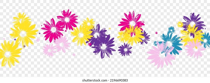 Purple Flower Background Transparent Vector. Daisy Flowering Period Texture. Green Petal Floral. Scribble Backdrop. Repeat Blue Garden.