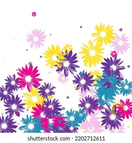 Purple Flower Background White Vector. Flowers Tiny Backdrop. Color Chamomile Draw. Creative Card. Pretty Bright Floral.